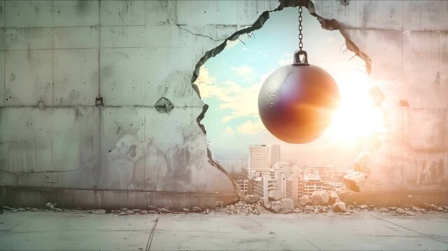 Wrecking ball breaking through a concrete wall with a cityscape in the background