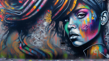 Multicolored Abstract Graffiti on the Wall, Multicolored Graphic Inscriptions on the Wall, Dragon, Woman, and Man Abstract Graffiti Wallpaper Background	