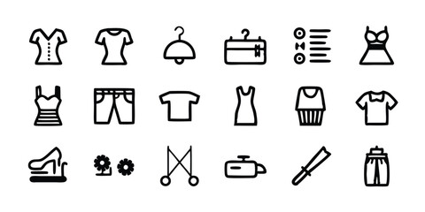 Set of outline icons related to fashion, sewing, and clothing.