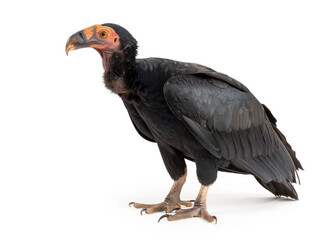 A black vulture with an orange face and beak stands on a white background, facing left.
