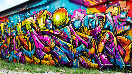 Multicolored Abstract Graffiti on the Wall, Multicolored Graphic Inscriptions on the Wall, Dragon, Woman, and Man Abstract Graffiti Wallpaper Background	