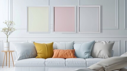 Three Pastel Frames on White Wall Above Minimalist Sofa in Contemporary Living Space