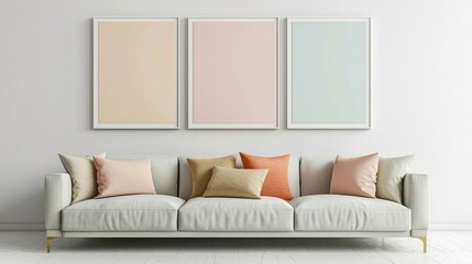 Three Pastel Frames on White Wall Above Minimalist Sofa in Contemporary Living Space