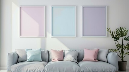 Three Pastel Frames on White Wall Above Minimalist Sofa in Contemporary Living Space