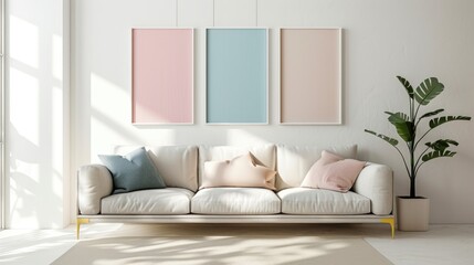 Fototapeta premium Three Pastel Frames on White Wall Above Minimalist Sofa in Contemporary Living Space