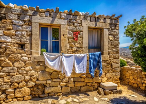 Rustic washing line hangs against ancient stone wall with small window in picturesque Kastri village on Gavdos Island, Greece.