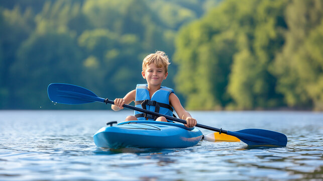 Young boy kayaking on a lake during summer vacations