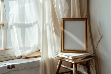 Creative Workspace with Empty Frame and Art Books on Vintage Wooden Stool in Natural Light Setting