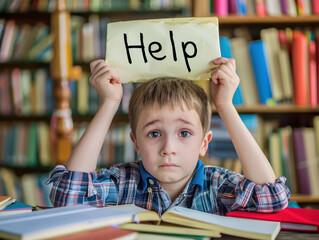 A young boy sitting amongst books in a library, holding a sign that says "Help" with a distressed facial expression.