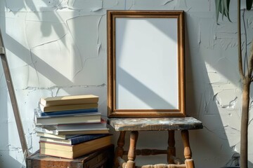 Creative Workspace with Empty Frame and Art Books on Vintage Wooden Stool in Natural Light Setting