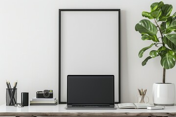 Stylish and Minimalist Workspace with Laptop, Frame, and Potted Plant on White Wall Background
