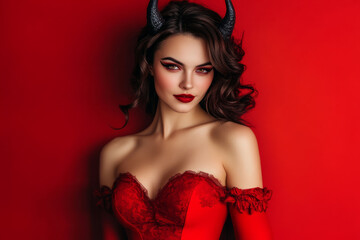 Portrait of a beautiful woman dressed as a sexy devil for halloween wearing red with devil horns