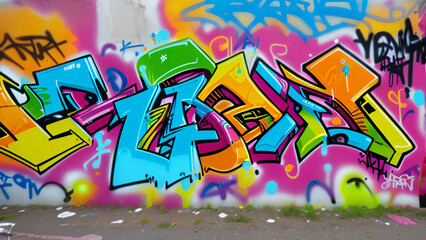 Multicolored Abstract Graffiti on the Wall, Multicolored Graphic Inscriptions on the Wall, Dragon, Woman, and Man Abstract Graffiti Wallpaper Background	