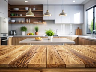 Fototapeta premium Natural wood grain table top with blurred kitchen background, perfect for showcasing products, food, or decorative items in a modern setting.