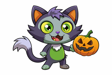 Cartoon Zombie Cat Holding a Pumpkin vector illustration on a white background.