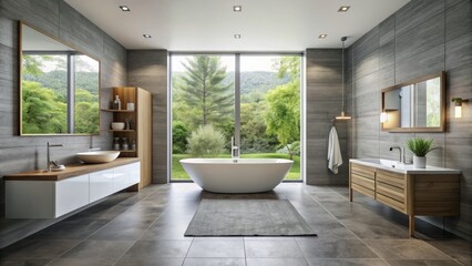 Fototapeta premium Sleek modern primary bathroom boasts grey slate tile, white walls, freestanding tub, floating cabinet, large walk-in shower, and natural light.