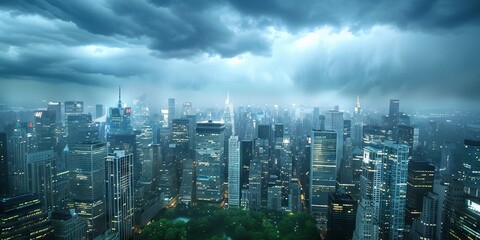 Fototapeta premium Dramatic storm clouds over skyscrapers in urban landscape during twilight