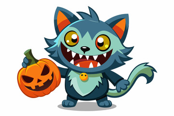 Cartoon Zombie Cat Holding a Pumpkin vector illustration on a white background.