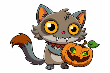 Cartoon Zombie Cat Holding a Pumpkin vector illustration on a white background.