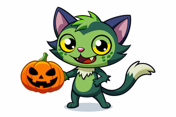 Cartoon Zombie Cat Holding a Pumpkin vector illustration on a white background.