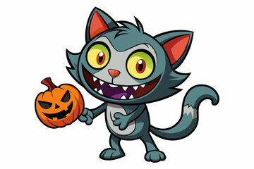 Cartoon Zombie Cat Holding a Pumpkin vector illustration on a white background.