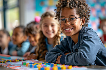 Smiling young boy with curly hair and glasses engaged in a classroom activity, surrounded by other happy children, creating a vibrant and collaborative learning environment.