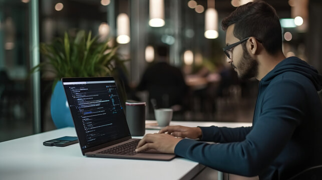 A photo of an Indian software developer writing code on his laptop in the office.