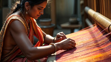 Traditional Indian weaver crafting on handloom in village settingries.