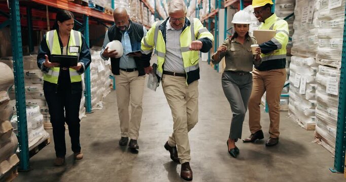 Group, management and dancing in warehouse, employee and storage inspection with supply chain. People, factory or coworkers with movement, celebration or inventory clearance with package distribution