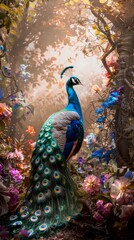 Elegant peacock in a mystical enchanted garden surrounded by vibrant flowers and lush foliage. Backlit by warm sunlight, creating a magical and tranquil ambiance. Perfect for nature-themed designs. AI