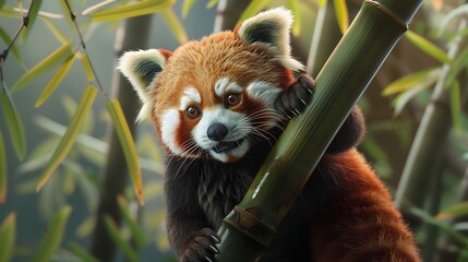 Cute Red Panda Climbing Bamboo Stalk in Forest. ai-generated