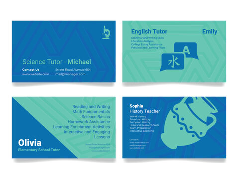 Creative business cards showcasing diverse tutoring services for students in a vibrant learning environment