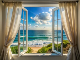 Soothing ocean view through open window with curtains blowing gently in the breeze on a sunny day at coast.