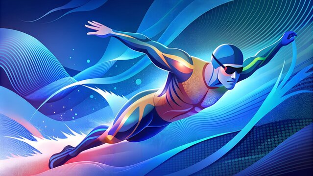 Dynamic minimalist paralympic swimmer in vibrant abstract design