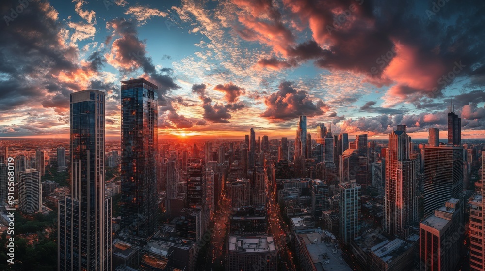 Aufkleber a high-quality photo of a modern cityscape with tall buildings and a stunning sunset sky, capturing 