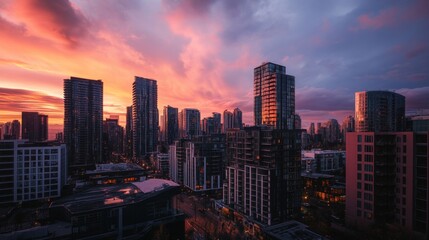 Fototapeta premium A high-quality photo of a modern cityscape with tall buildings and a stunning sunset sky, capturing the transition from day to night.