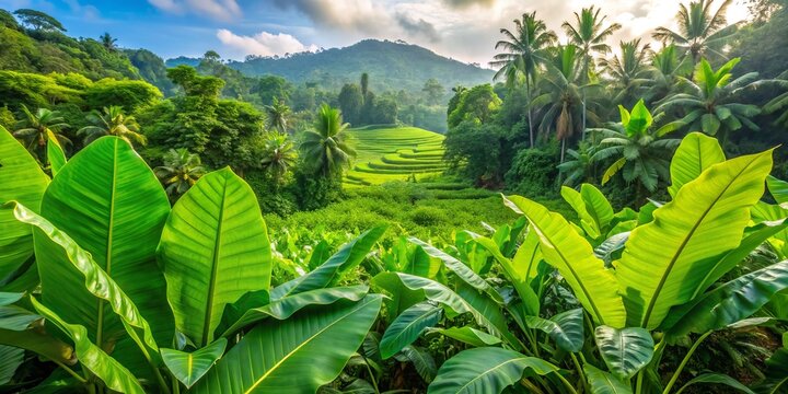 Vibrant green leaves of tropical plants thriving in fertile soil surrounded by lush foliage in Cilacap's lush natural landscape.