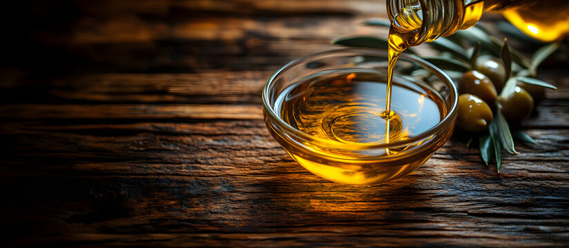 A high-resolution image capturing the golden essence of olive oil being poured into a glass bowl