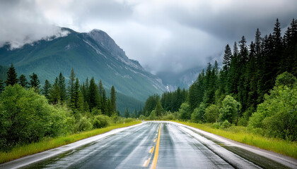 Fototapeta premium A serene, wet road winding through lush green forests and majestic mountains under a moody sky, capturing nature's tranquility.