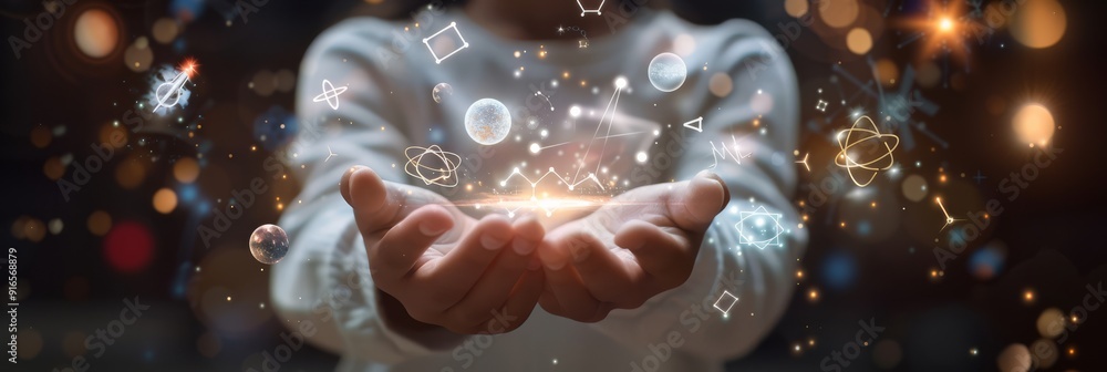 Poster the future looks bright with hands interacting in a holographic digital world filled with icons and 