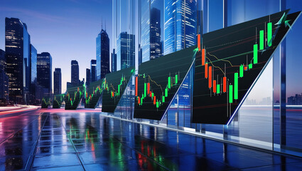 Cityscape with a series of dynamic forex charts