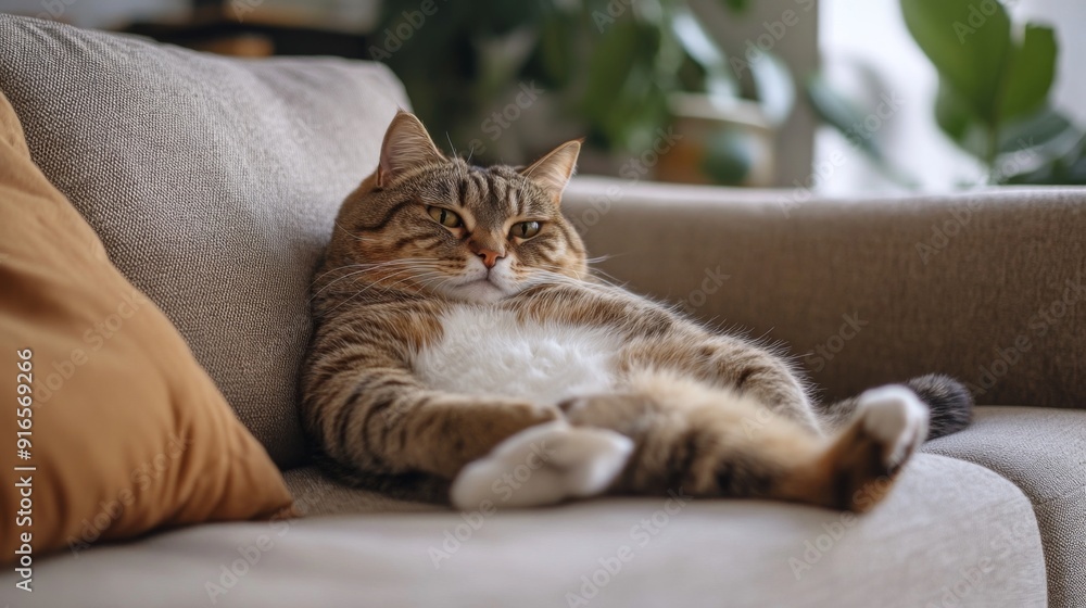 Poster A high-resolution image of a chubby cat lounging on a plush sofa, showing its relaxed posture and the comfort of the living space.