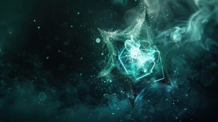 Digital stars with glowing edges on a dark futuristic background using a green color scheme surrounded by particles of several elements