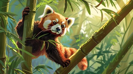 Cute Red Panda Climbing Bamboo Stalk in Forest. ai-generated
