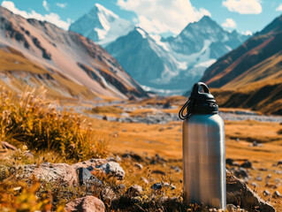 A stainless steel water bottle stands on the foreground with a mountain range backdrop.