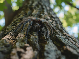 A close-up image of a tarantula spider perched on a tree trunk in a forest.