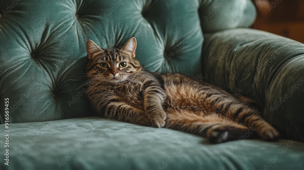 Poster A high-resolution image of a chubby cat lounging on a plush sofa, showing its relaxed posture and the comfort of the living space.