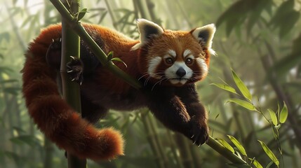 Cute Red Panda Climbing Bamboo Stalk in Forest. ai-generated