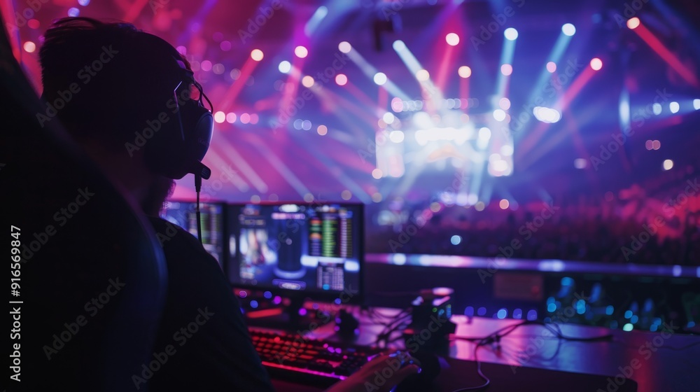 Aufkleber a man is sitting in front of a computer with a headset on, watching a video game