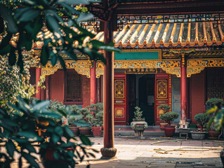 An ornate red entrance to a traditional Chinese temple, showcasing detailed carvings, golden accents, and a courtyard with potted plants.